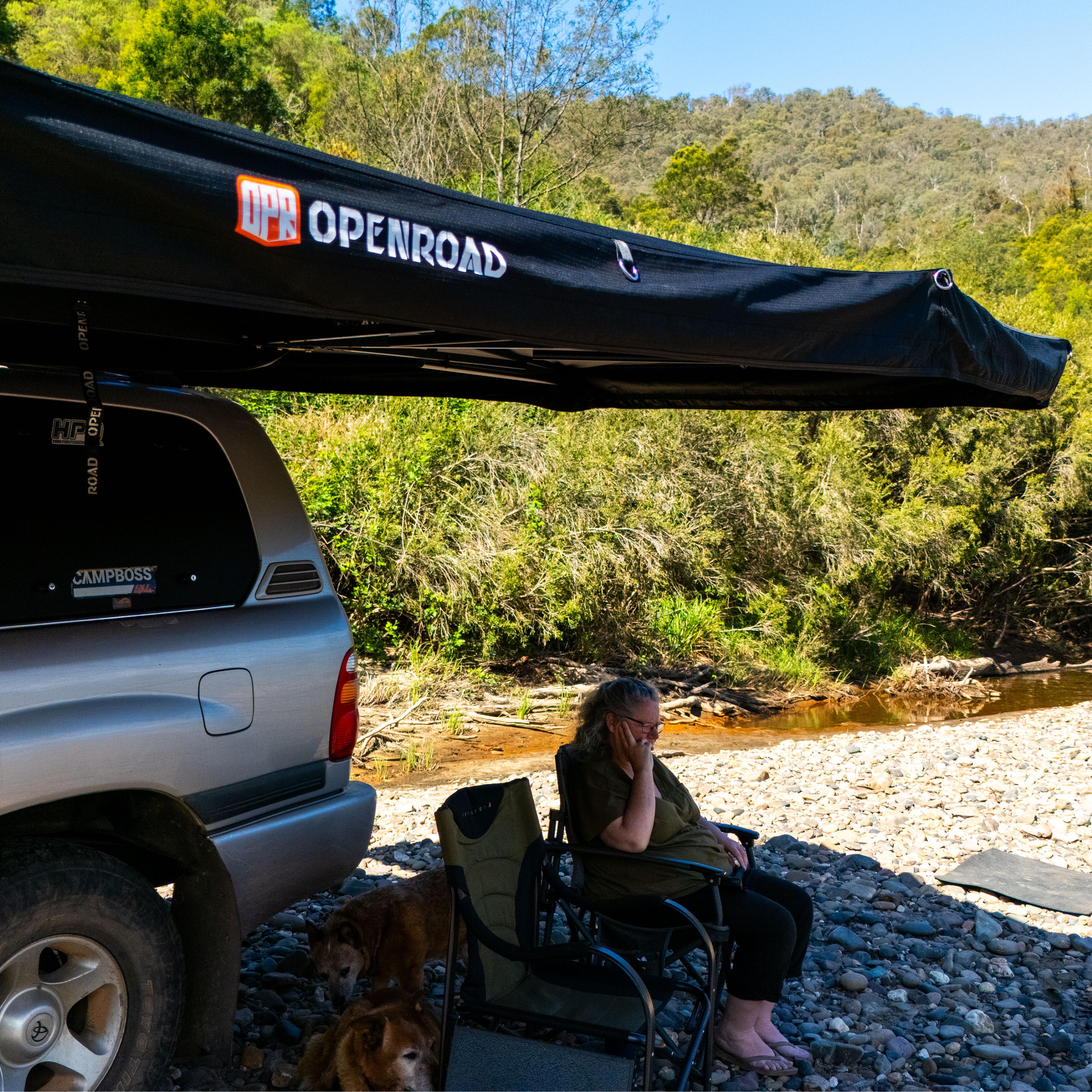 OPENROAD 270 degree Awning Plus mounted on vehicle, large wraparound shade for overlanding.