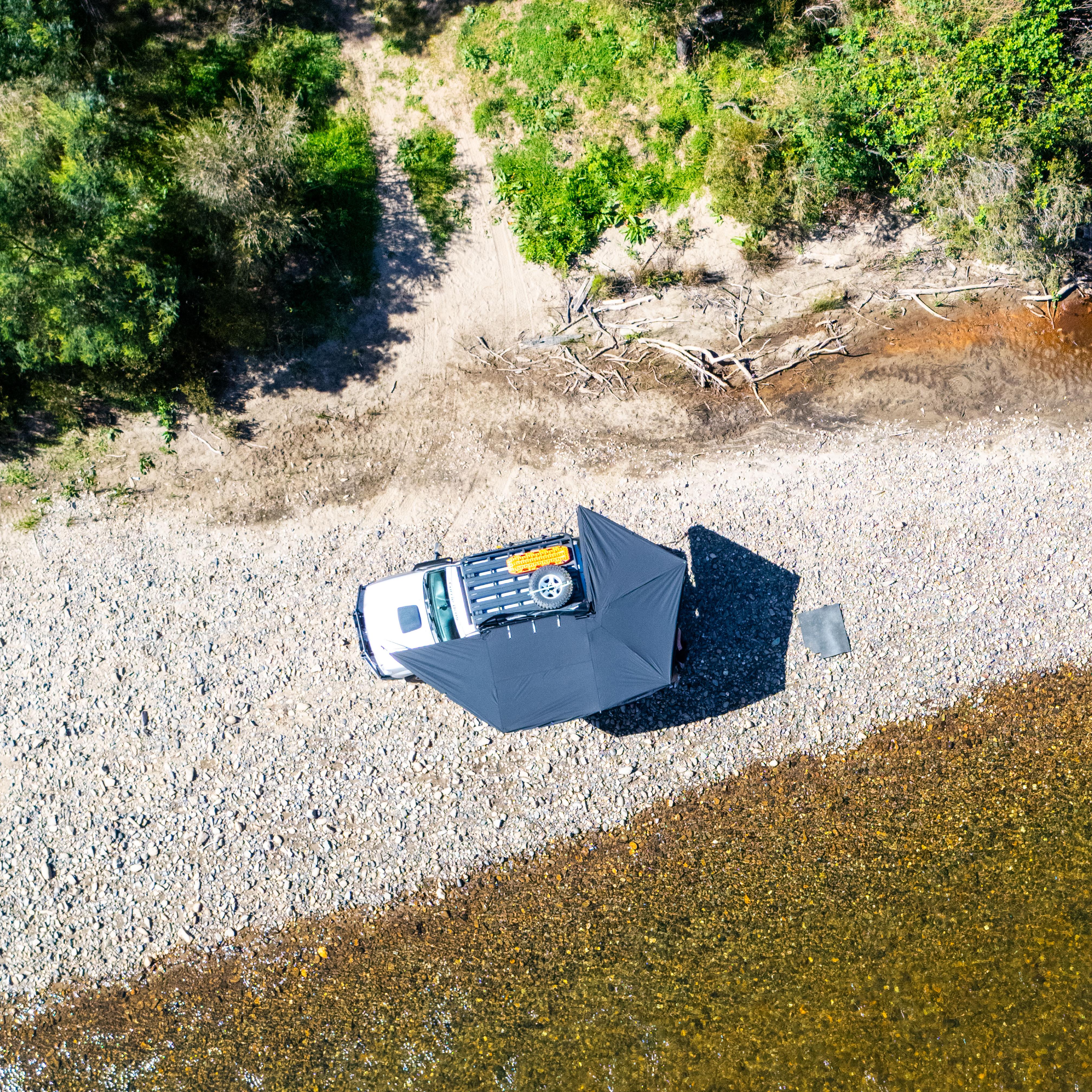 OPENROAD 270° car awning plus mounted on vehicle, wraparound shade for camping and overlanding