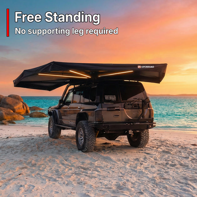 OPENROAD 270 Free-Standing Awning Plus on a 4x4—no supporting legs needed, 270-degree wraparound shade for camping and touring