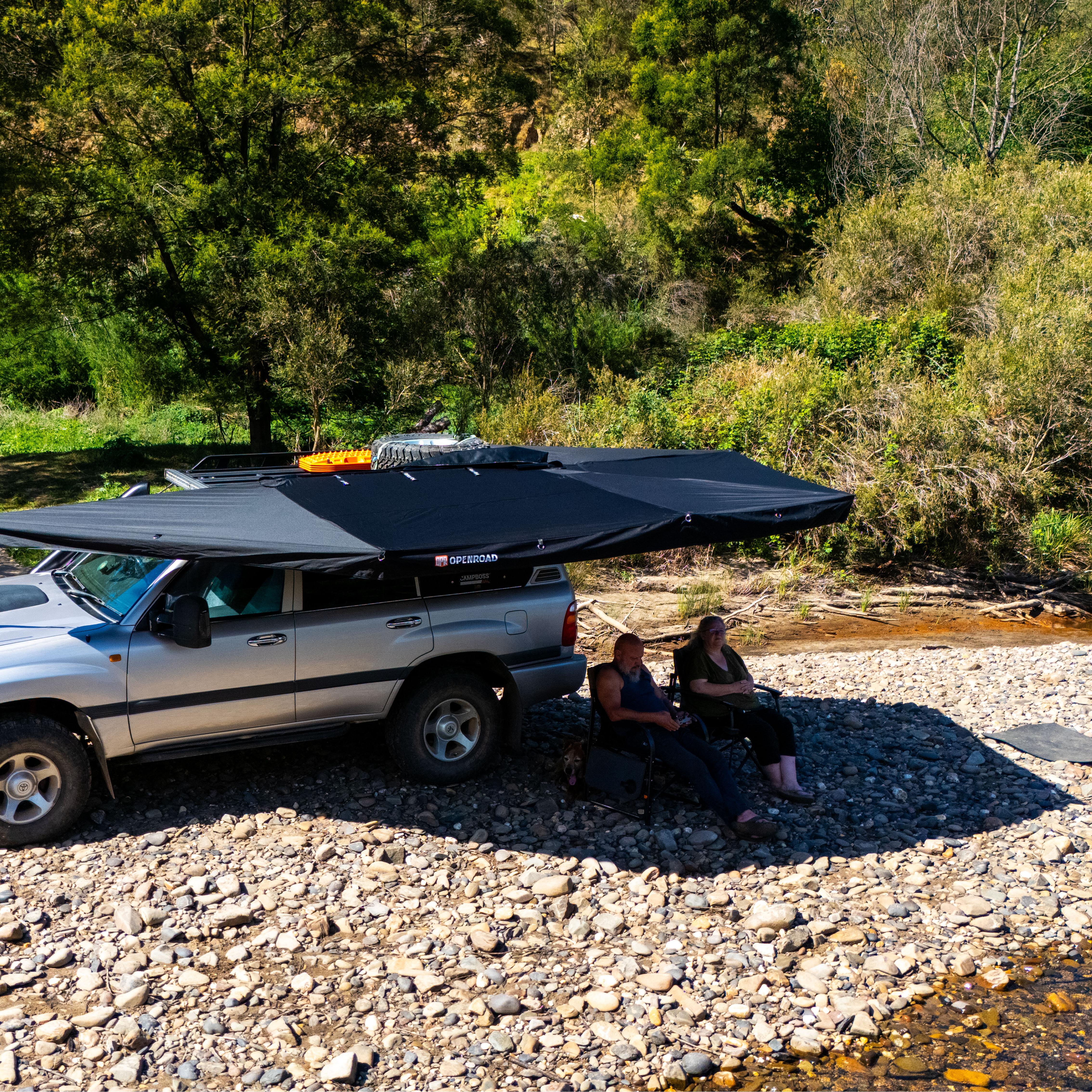 OPENROAD 270° Freestanding Awning Plus mounted on vehicle, wraparound shade for overlanding