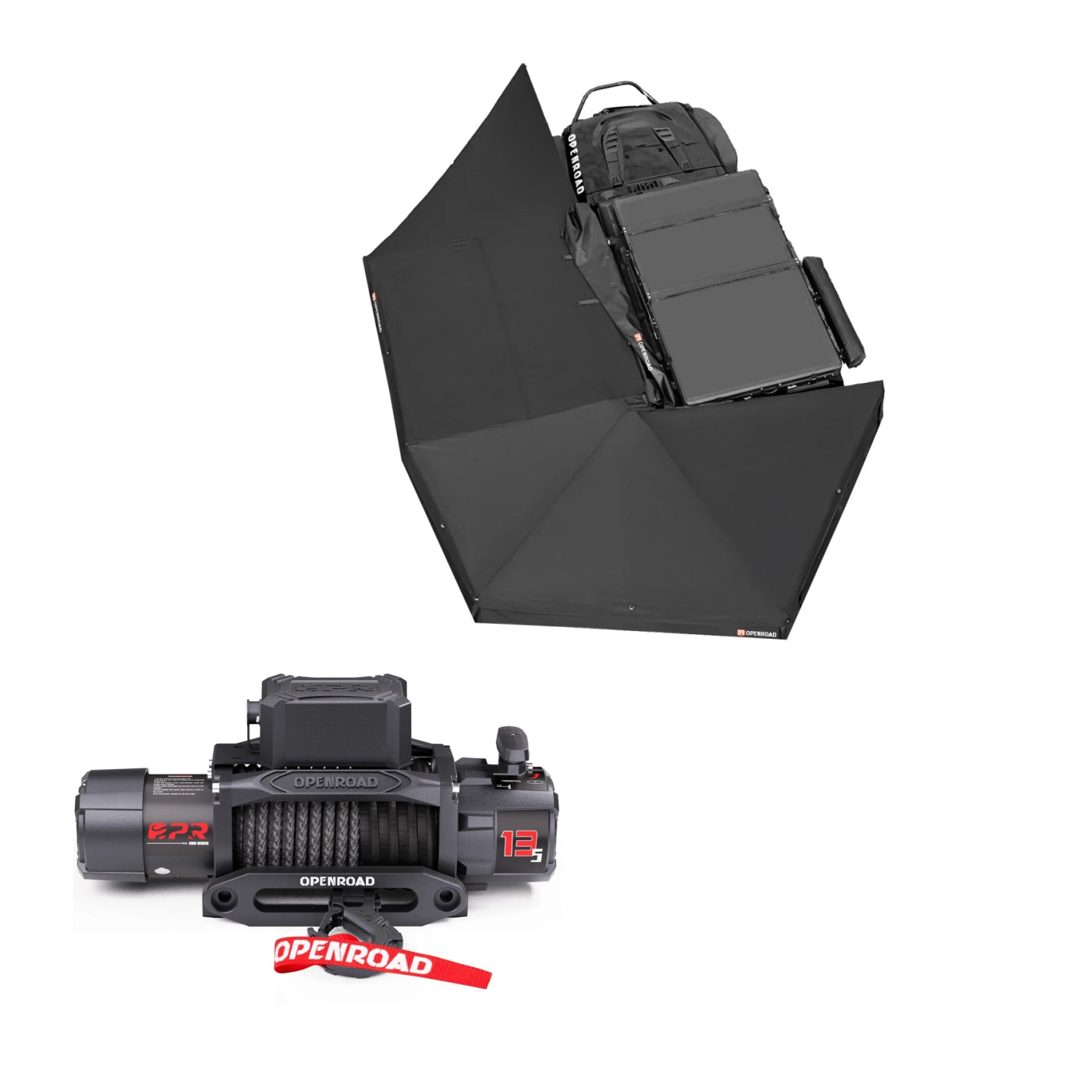 Openroad 270° awning plus with 13,500 lb (6,123 kg) winch on a 4WD, ready for camping shade and recovery