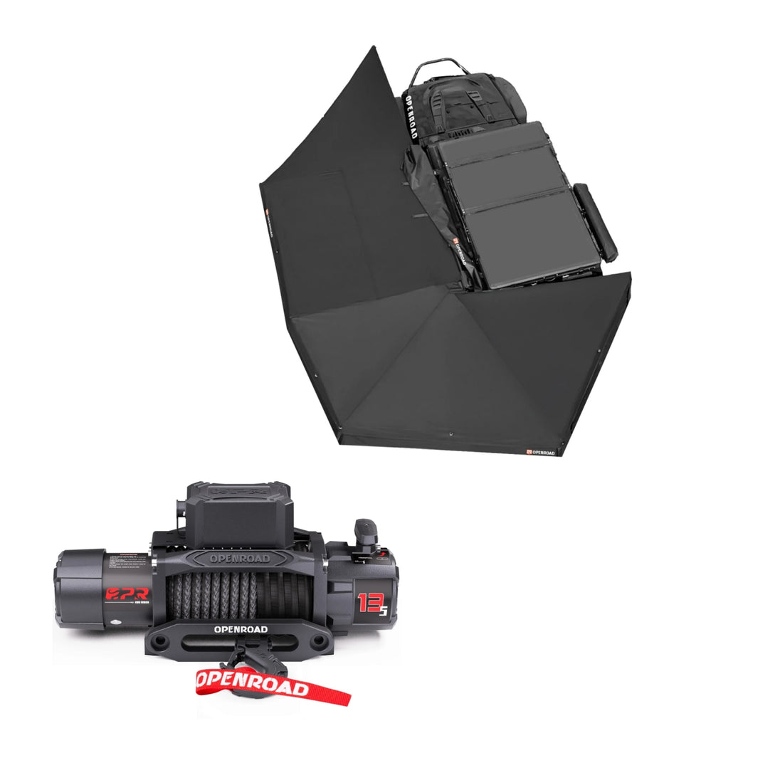 Openroad 270° awning plus with 13,500 lb (6,123 kg) winch on a 4WD, ready for camping shade and recovery