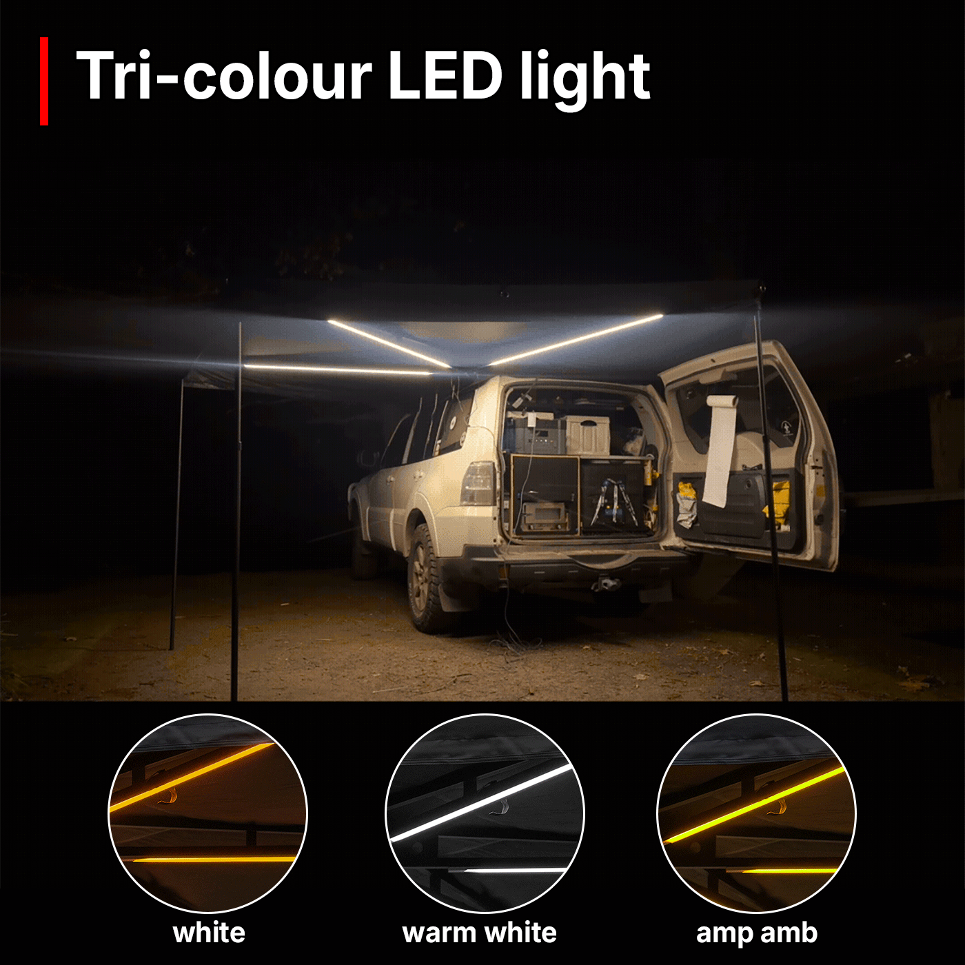 OPENROAD 270 awning plus with Tri-colour LED strip for night tailgate camping