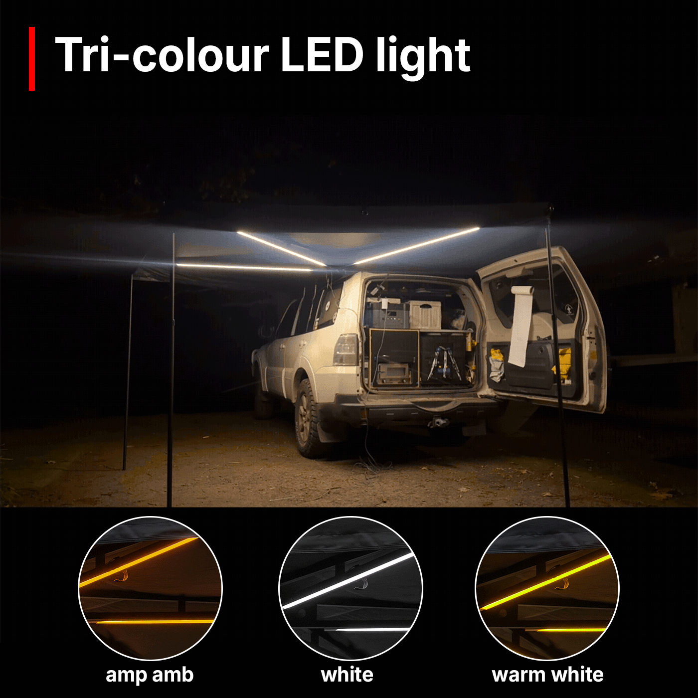 OPENROAD 270 awning plus with Tri-colour LED strip for night tailgate camping