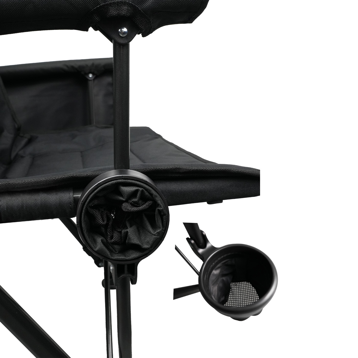 Foldable cup holder detail on Openroad camp chair, showing expanded and collapsed positions for drink storage and easy packing