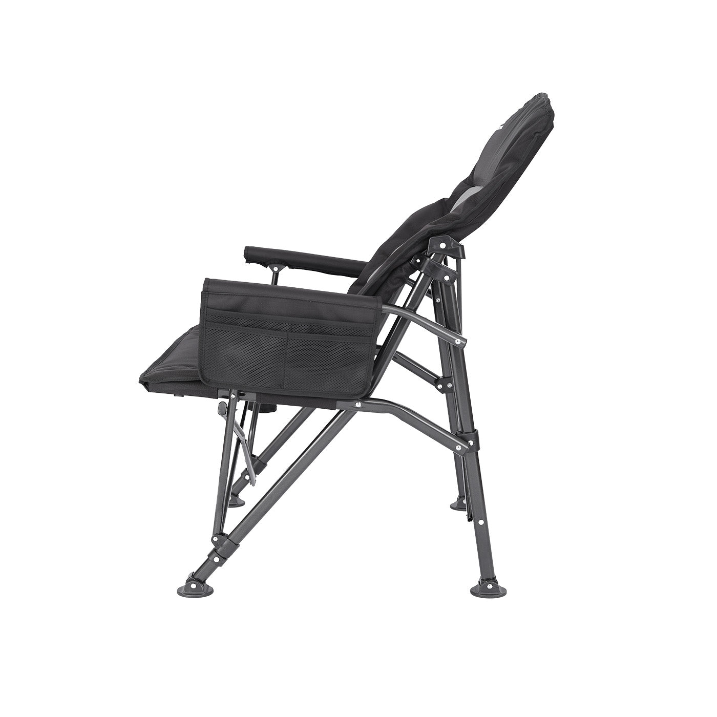 Side view of Openroad camp chair showing mesh side pocket, padded armrests ad reinforced steel frame