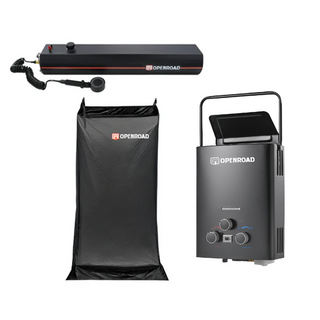 Complete camping hot water system set by OPENROAD, featuring a roof-mounted shower tank, a portable propane gas water heater, and a collapsible shower tent for outdoor use.