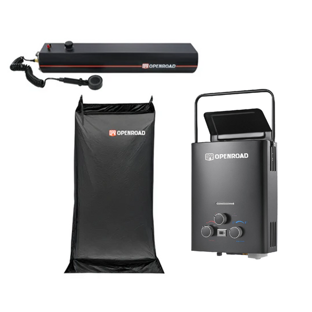 Complete camping hot water system set by OPENROAD, featuring a roof-mounted shower tank, a portable propane gas water heater, and a collapsible shower tent for outdoor use.