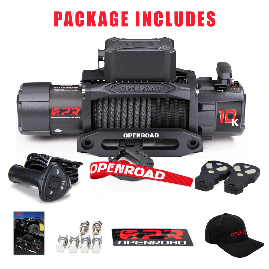 Package contents of Openroad 10,000lb car winch, including synthetic rope winch, remote controls, mounting hardware, manual, and branded gear.