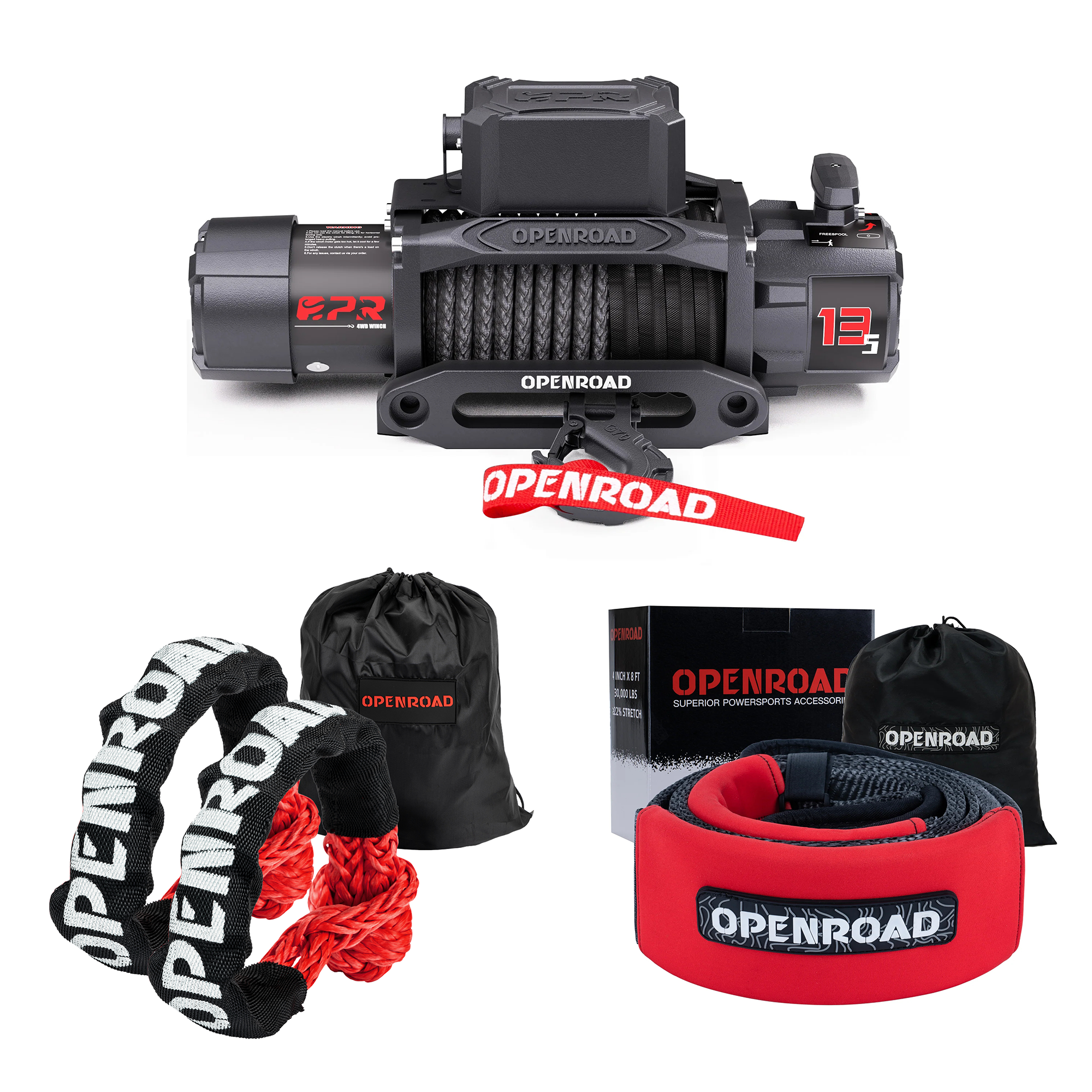OPENROAD 13500 lb electric winch 240v​ with synthetic rope and synthetic soft shackle and tree trunk protector