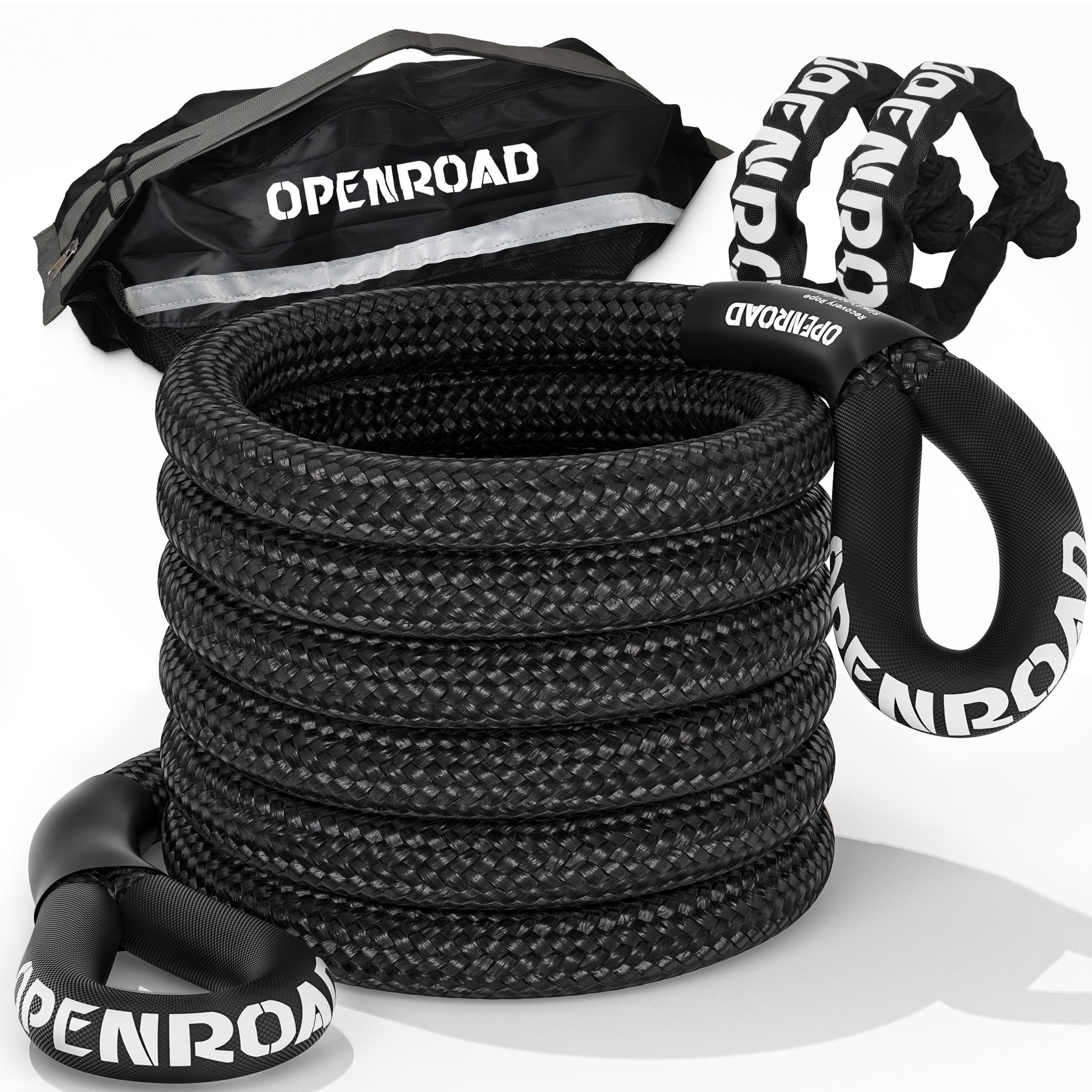 Black kinetic recovery rope kit with storage bag, heavy-duty snatch strap for 4x4 vehicle towing by OPENROAD