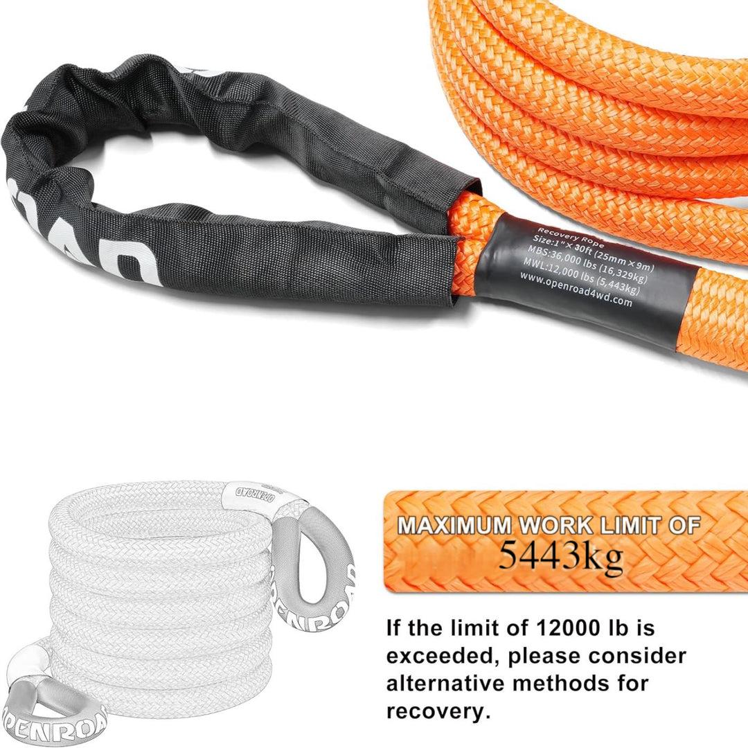 Heavy-duty kinetic recovery rope with 5443kg working limit, OpenROAD snatch strap for safe 4x4 vehicle recovery