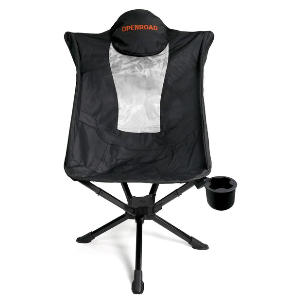 Openroad swivel camp chair with mesh back and cup holder, lightweight folding design for camping in Australia.