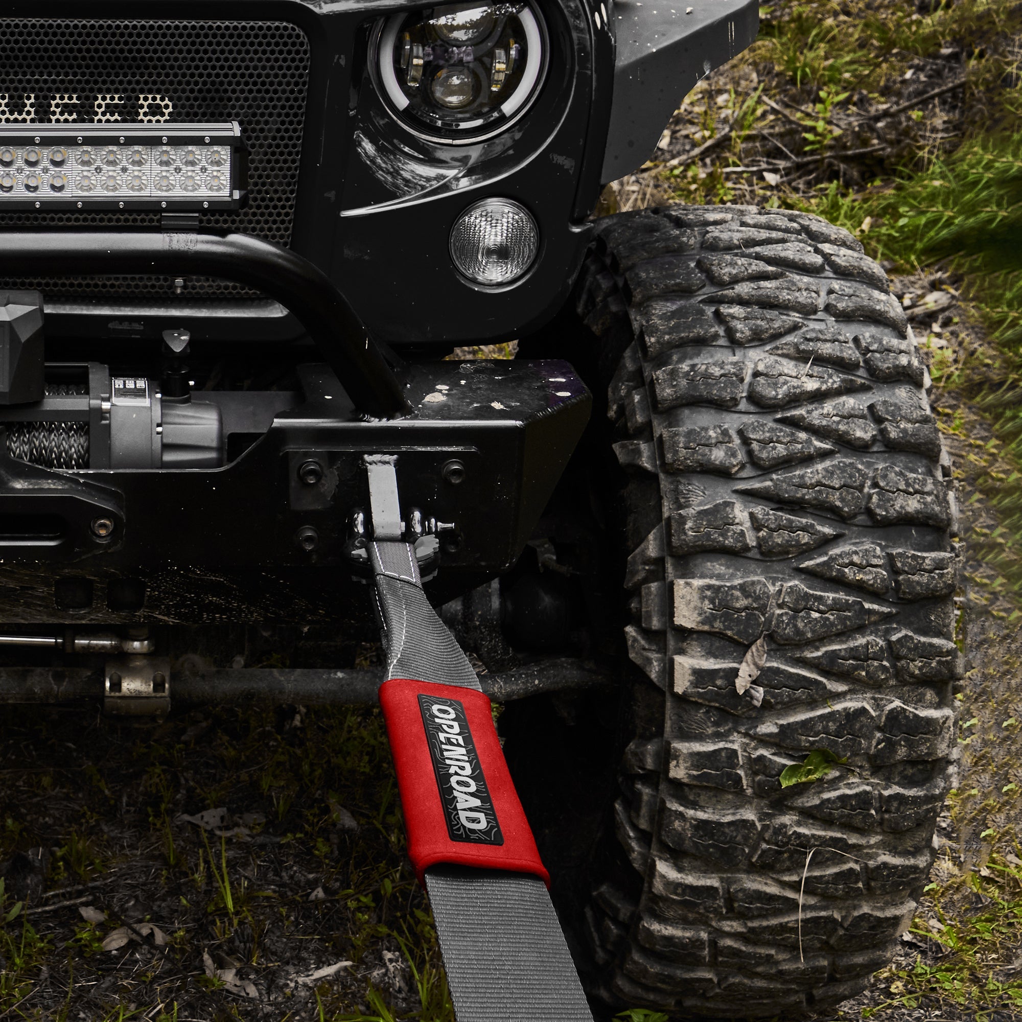 Openroad tree trunk protector attached to 4WD winch bumper for off-road vehicle recovery