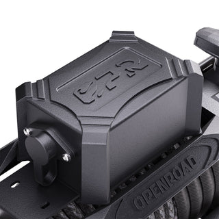Close-up of control box on Openroad winches, featuring a rugged, sealed design for secure power connections in off-road 4x4 recovery situations.