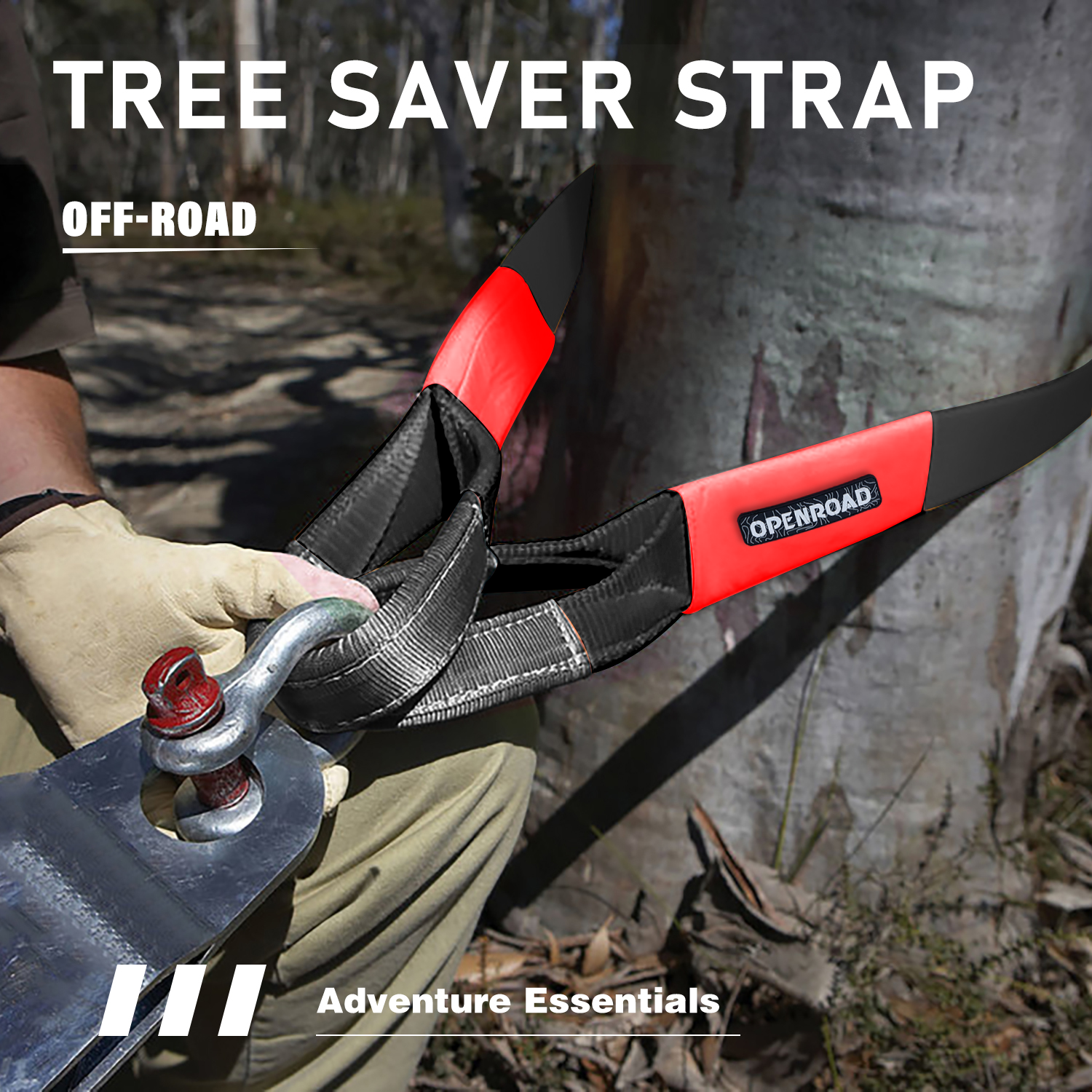 Tree saver strap connected to off-road recovery point with heavy-duty shackle